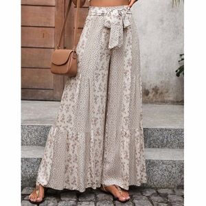 Aakaa Boho Wide Leg Pants High Waist Smocked Tie Waist Rayon Floral